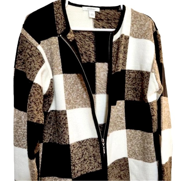 Dressbarn plus size 18/20 black gold white acrylic checkered zip cardigan EUC - Picture 3 of 15